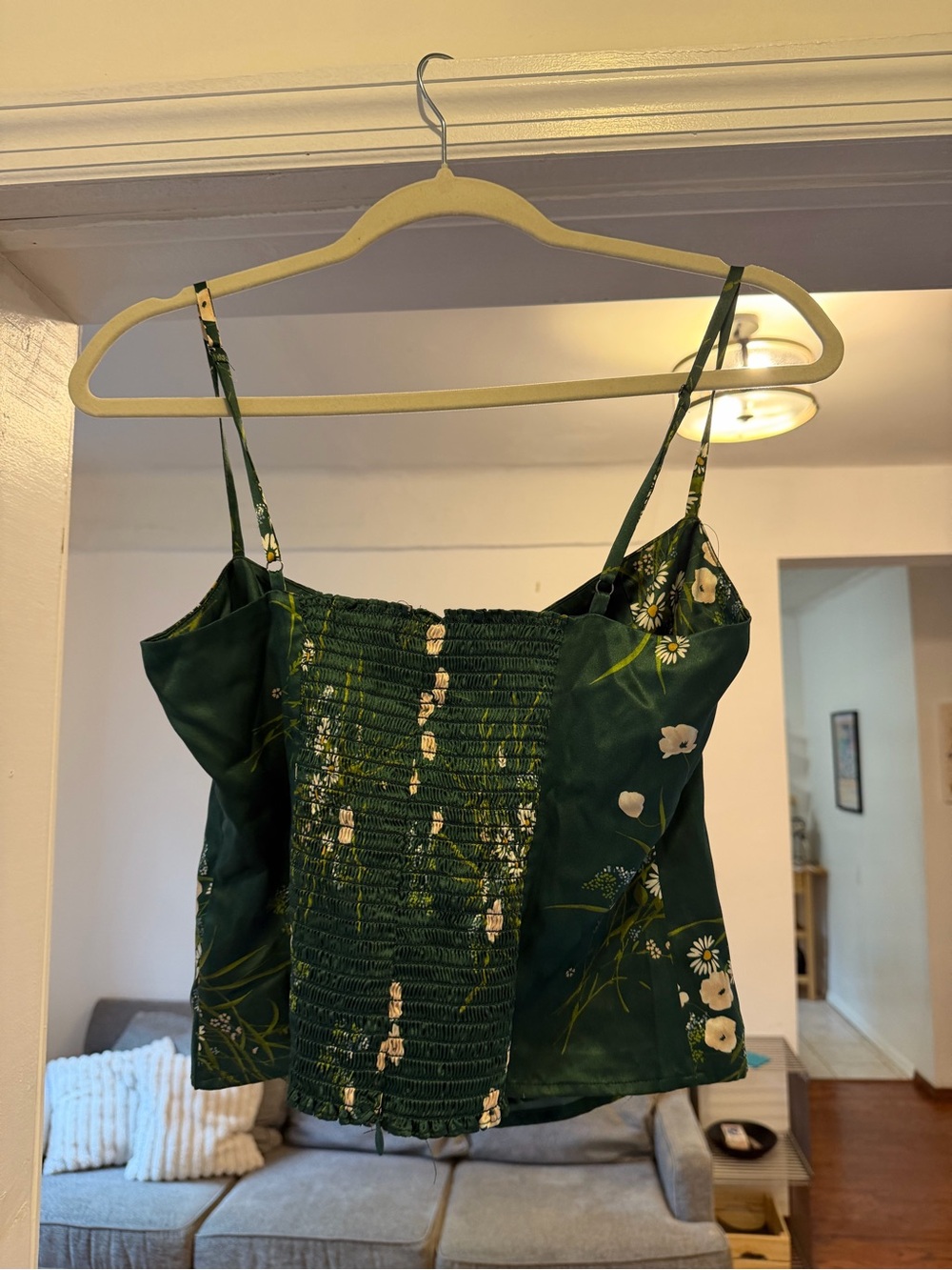 Reformation Dark Green Floral Smocked Cami